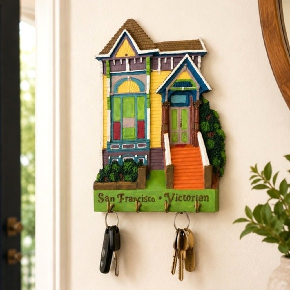 VTG San Francisco Victorian House Wall Key Holder Rack 4 Hooks Painted Resin 8in